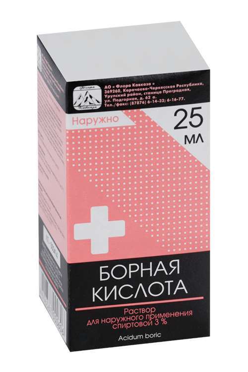 Борная к-та 3%, 25 мл, раствор для наружного применения спиртовой Флора Кавказа
Борная к-та 3%, 25 мл, раствор для наружного применения спиртовой Флора Кавказа