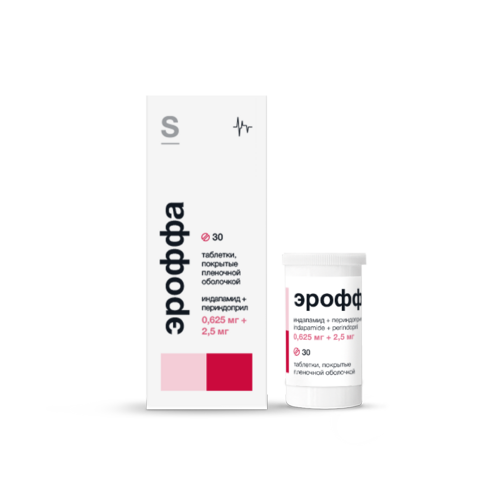 Индапамид+Периндоприл Эроффа 0.625 мг+2.5 мг, 30 шт, таблетки покрытые пленочной оболочкой