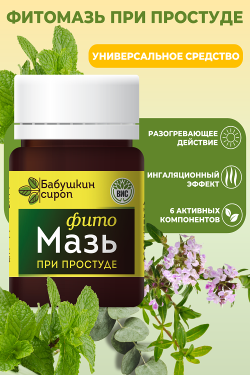 

Фитомазь Бабушкин сироп с камфорой скипидаром и эфирными маслами, 35 г