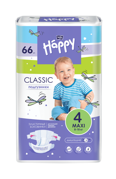 

Подгузники Bella baby Happy classic Maxi с эластич боковинками (8-18кг), 66 шт