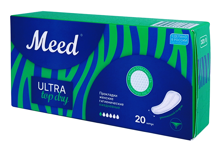 

Прокладки женские гигиенические Meed ежедневные усеченные Premium Ultra Soft top dry, 20 шт
