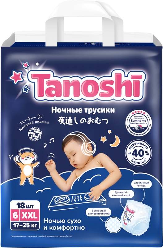 Трусики-подгузники для детей ночные Tanoshi размер XXL 17-25 кг 18 шт Baby Night Pants Size XXL 17-25kg 18pcs 674₽