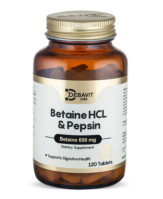 Пищеварение Debavit Бетаин HCl 650 мг + Пепсин, Желудок и Белки, 120 таблеток Халяль