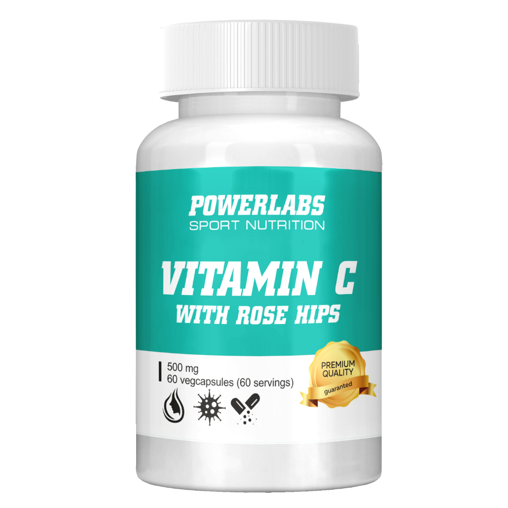 Витамин С 500 мг + экстракт плодов шиповника, Powerlabs, 60 капсул