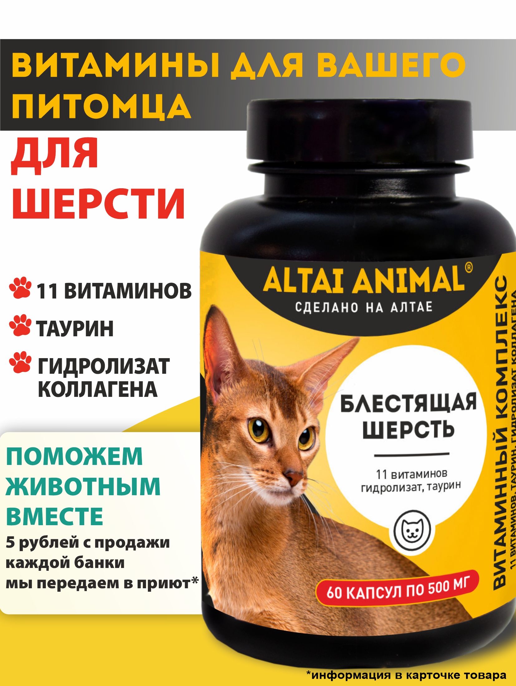 Витамины для кошек - Комплекс Блестящая шерсть, Altai Animal, 500 мг, капсулы 60 шт