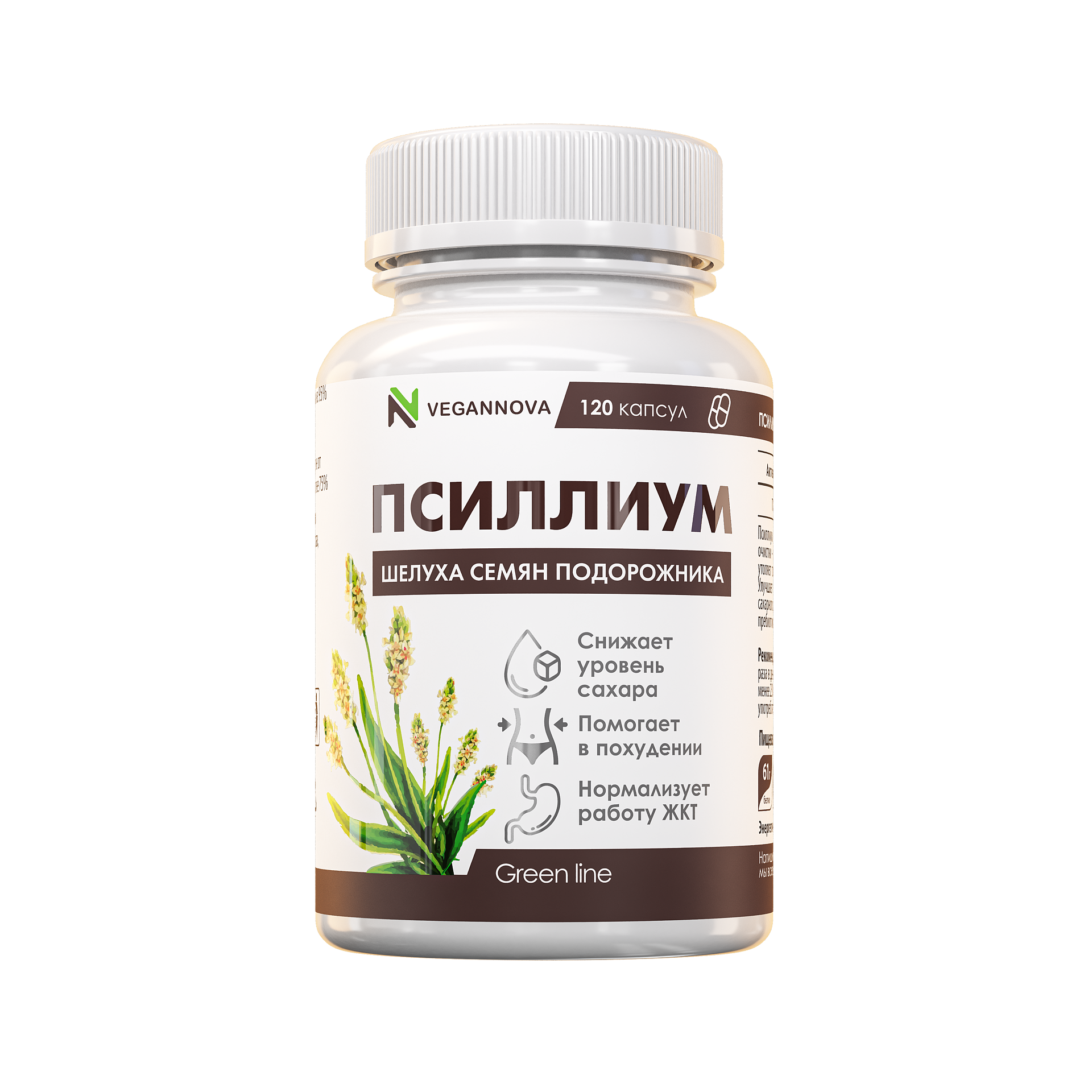 VeganNova Псиллиум (шелуха семян подорожника индийского), 120 капсул
