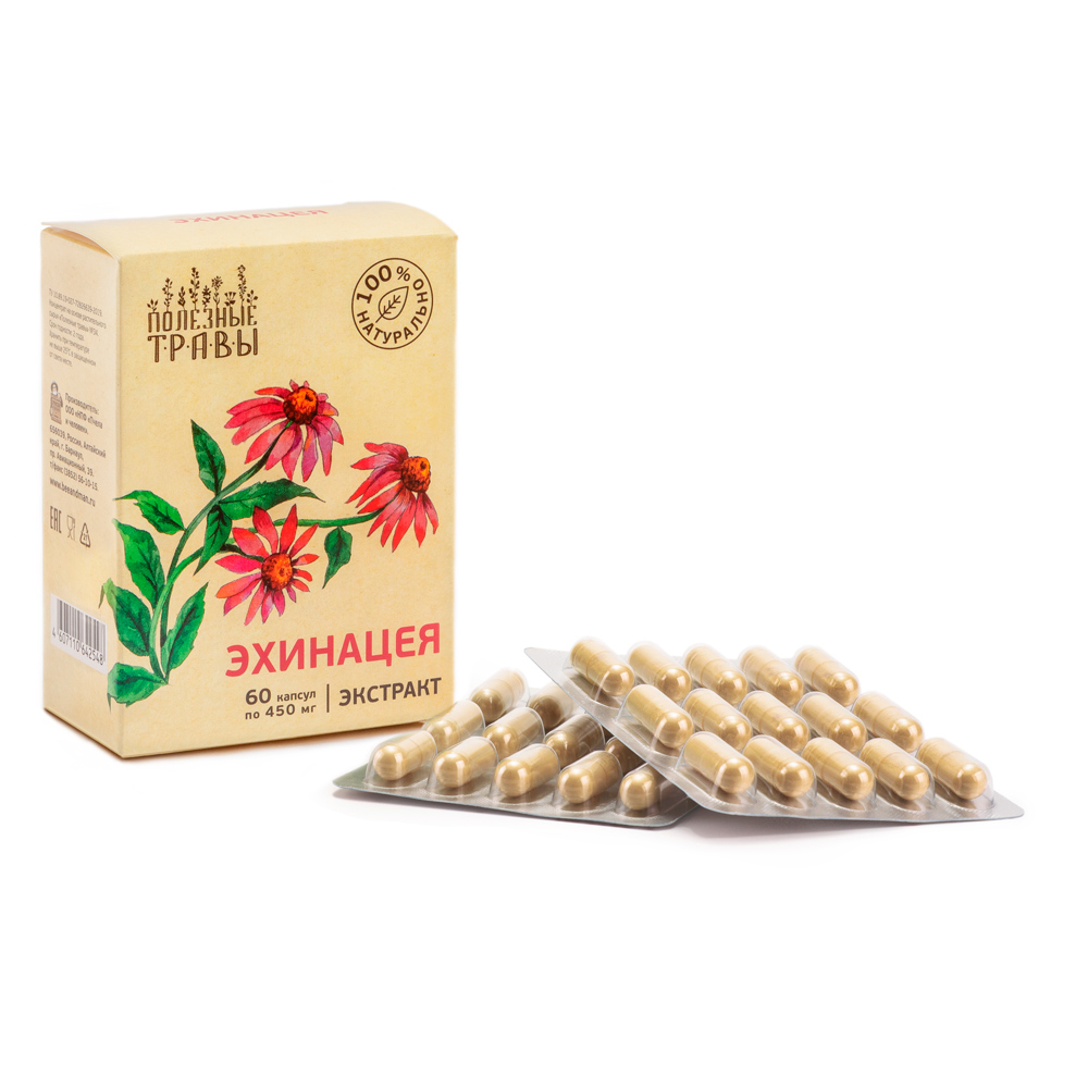 Полезные травы, экстракт Эхинацея  Пчела и человек, 60 капсул по 450 мг.