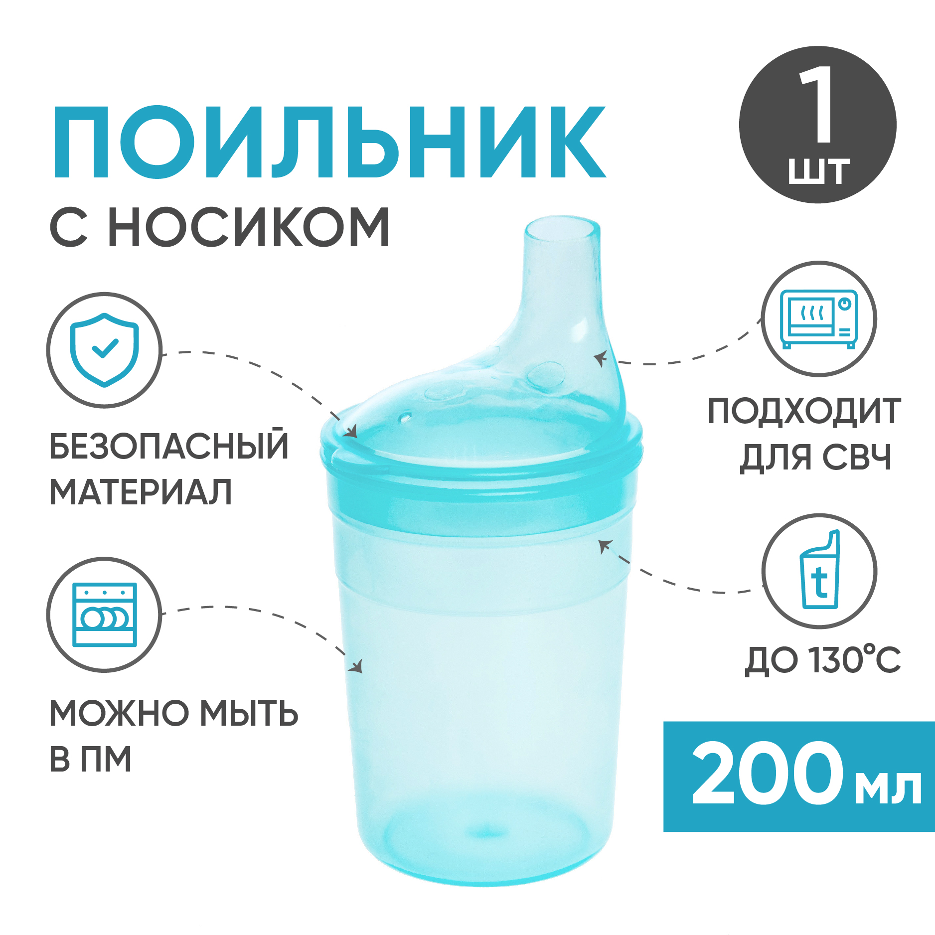 Стакан-поильник для взрослых BESIDE, с крышкой-носиком, 200мл, голубой