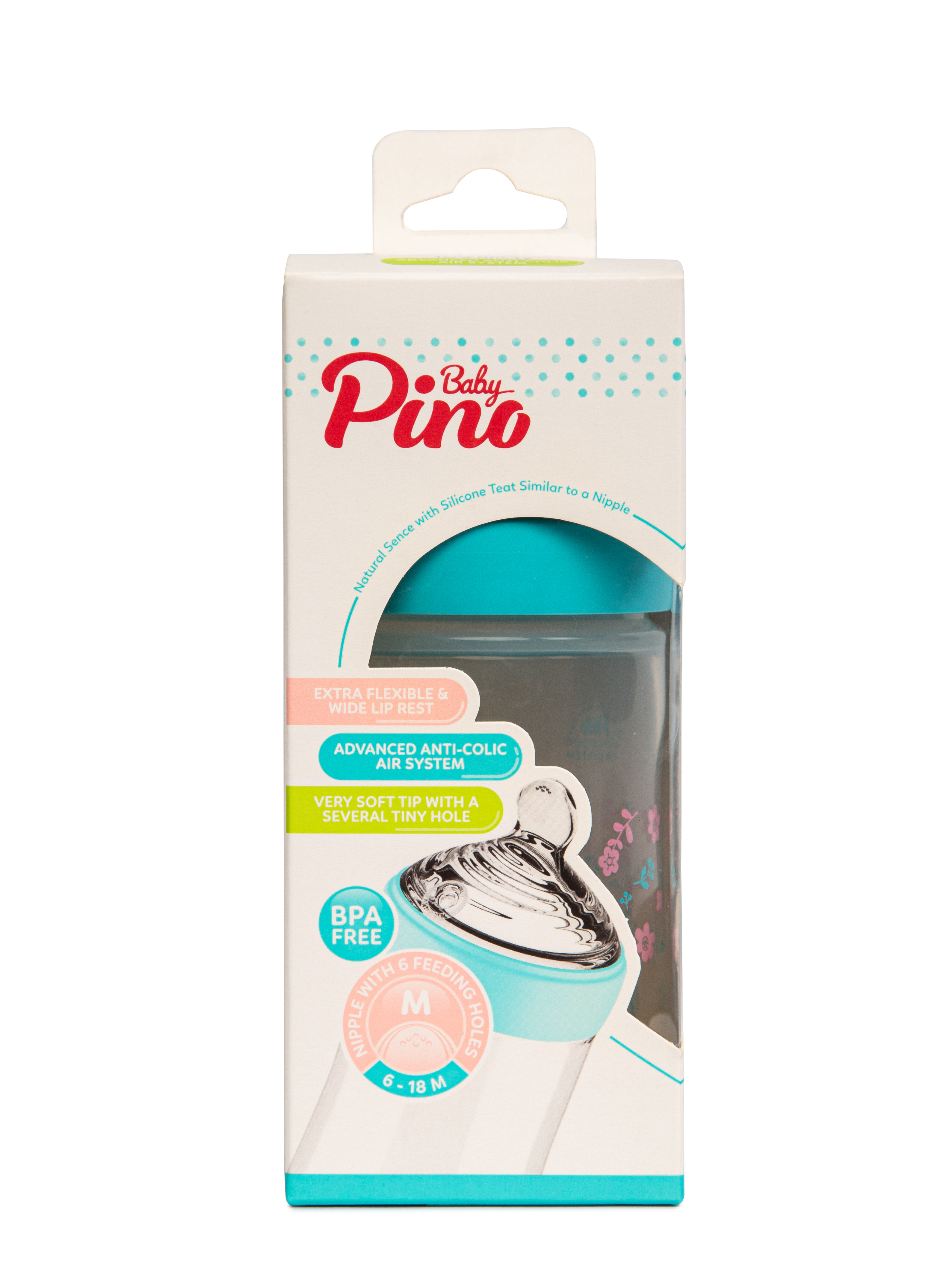 Детская бутылочка Baby Pino, размер М (Синий ободок, рис.цветы),260 мл