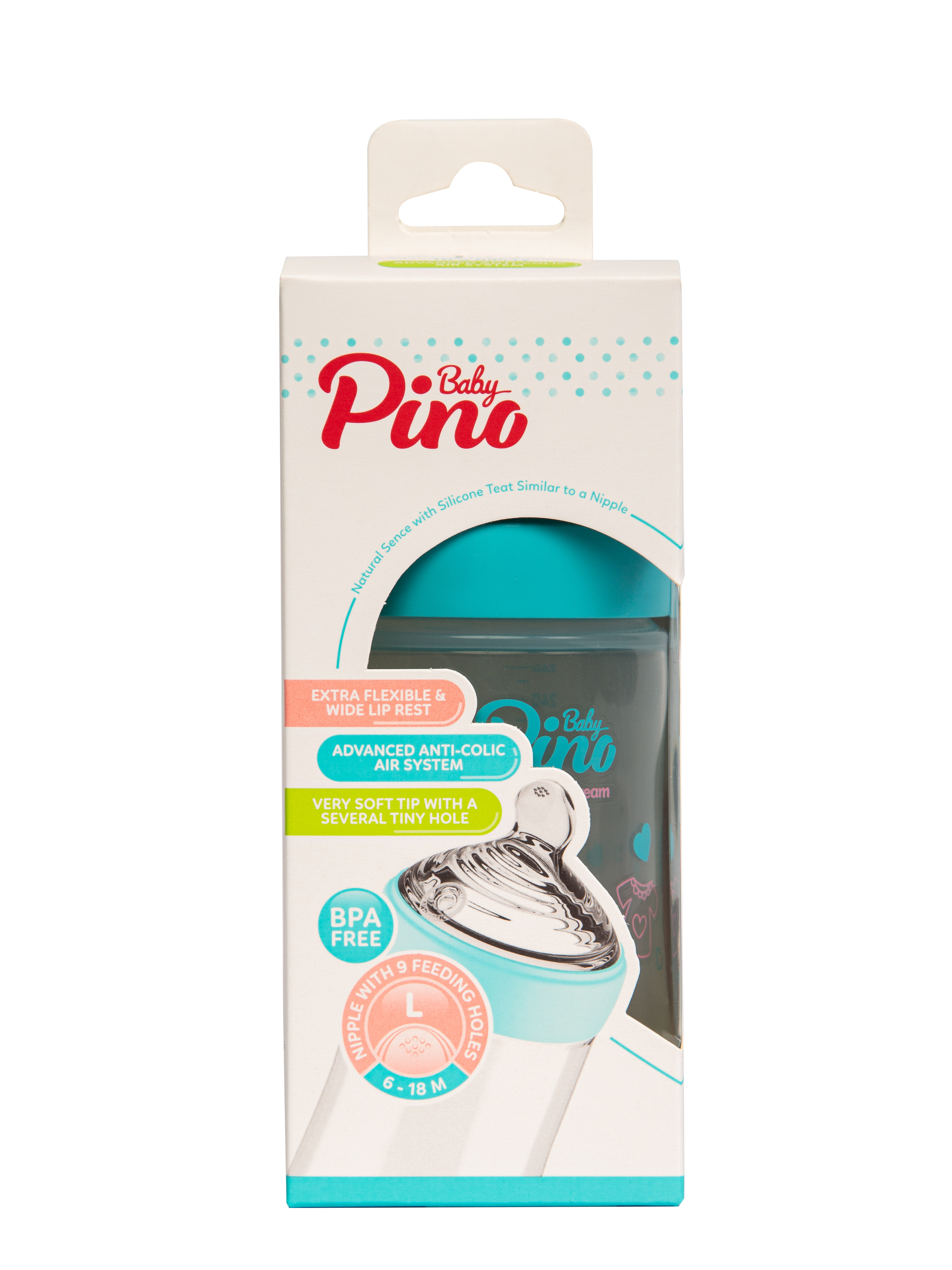 Детская бутылочка  Baby Pino 260 мл., размер соски L (синий ободок), для 6-18 месяцев