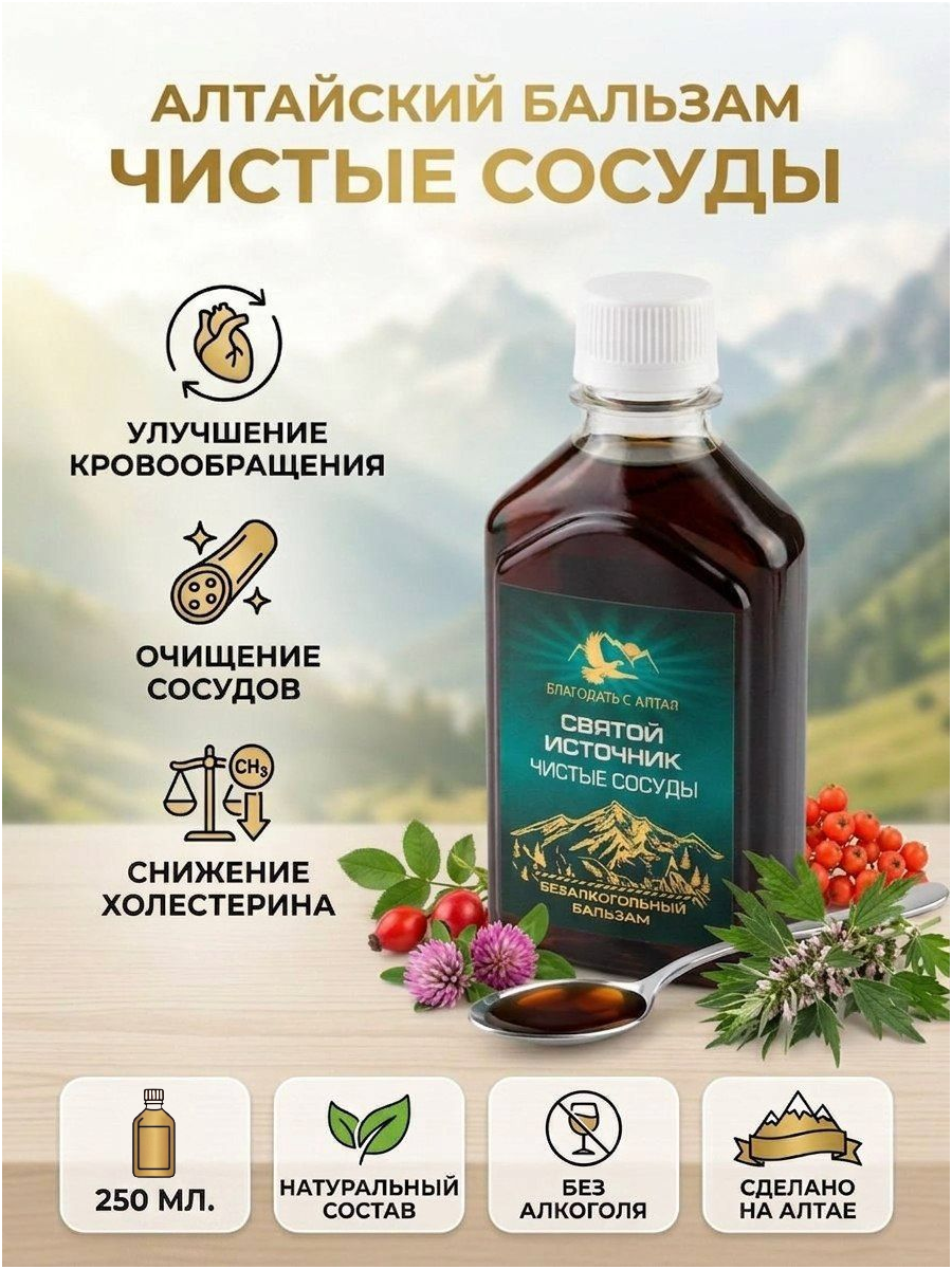 Алтайский бальзам Святой источник для сердца и сосудов Благодать с Алтая 250 мл.