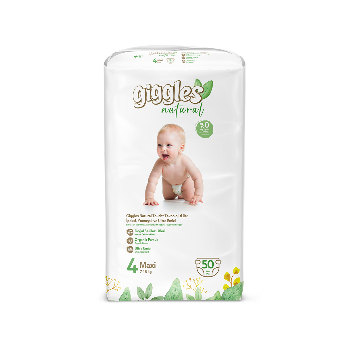 Подгузники детские Giggles Natural, 4 размер (7-18 кг), 50 штук