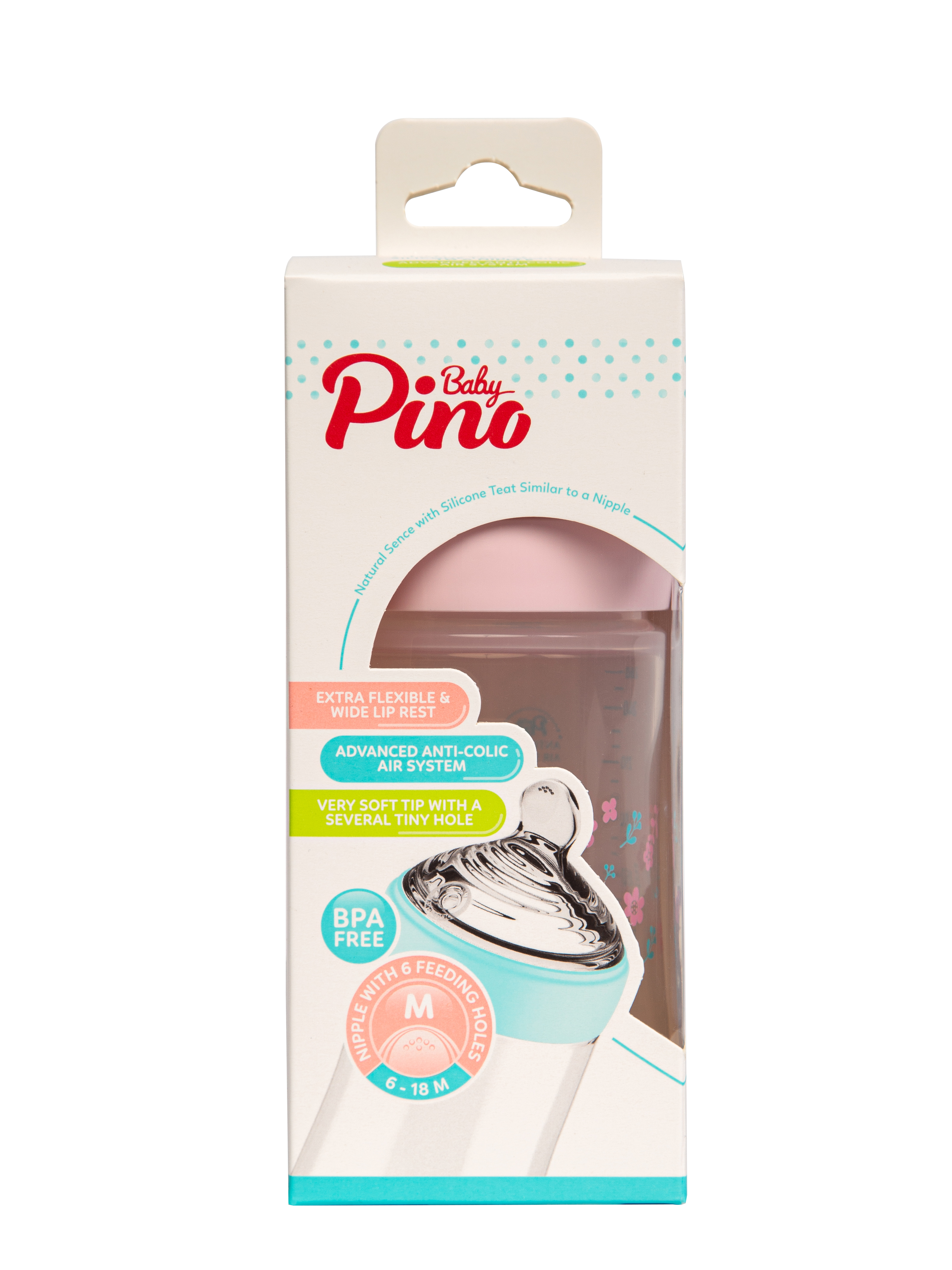 Детская бутылочка Baby Pino, размер соски М, розовый ободок, для 6-18 месяцев, 260 мл.