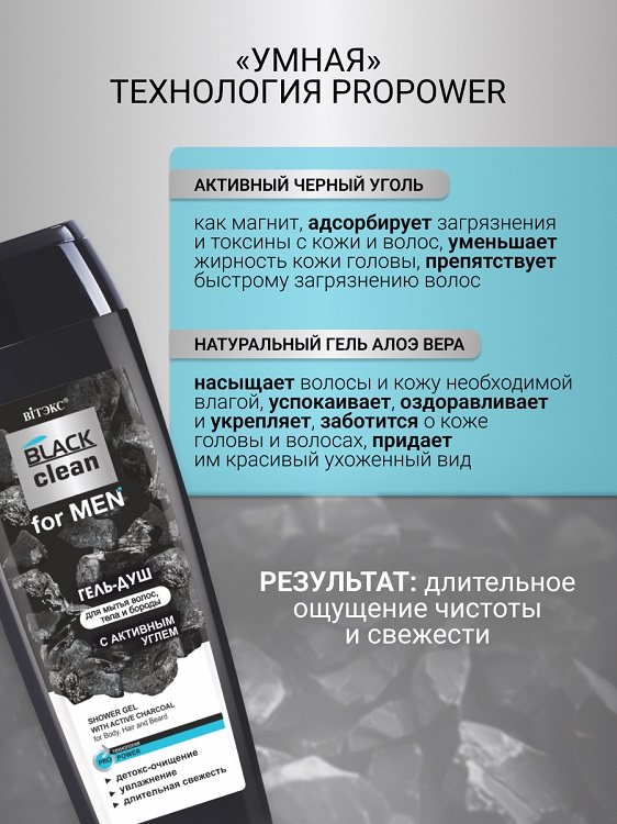 ВИТЭКС BLACK CLEAN FOR MEN Гель-душ для мытья волос и тела 400мл
