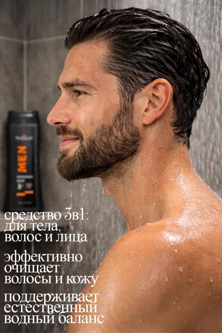 Шампунь мужской 3 в 1для волос и тела Energizing refreshing тонизирующий с экстрактами мяты HYDRODERM, 300 мл