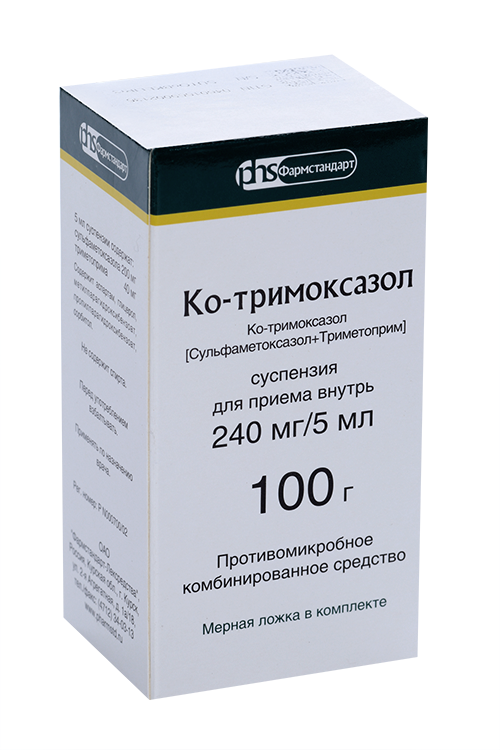 

Ко-тримоксазол 240 мг/5 мл, 100 г, суспензия для внутреннего применения
