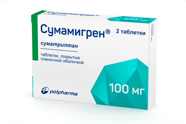 

Сумамигрен 100 мг, 2 шт, таблетки покрытые пленочной оболочкой