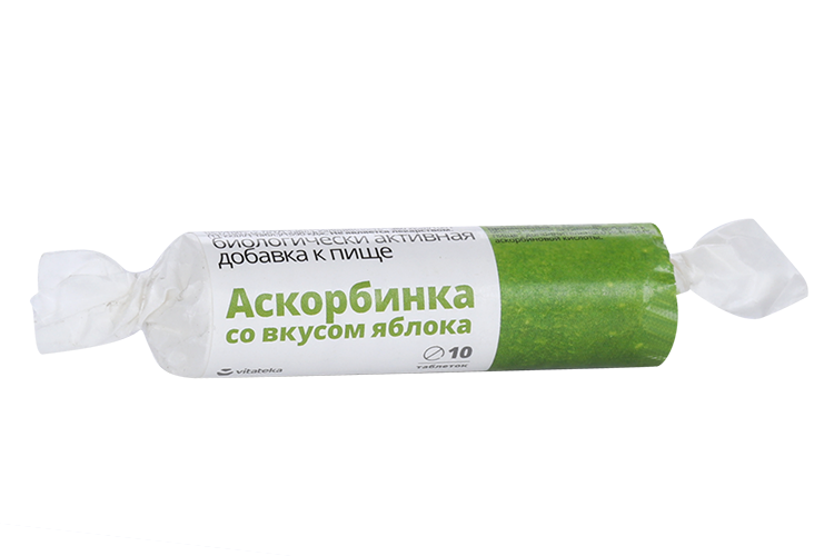 

Аскорбиновая к-та 2.9 г, 10 шт, крутка таблетки с сахаром с фруктовым вкусом яблоко