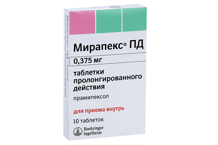 Мирапекс ПД 0.375 мг, 10 шт, таблетки пролонгированного действия