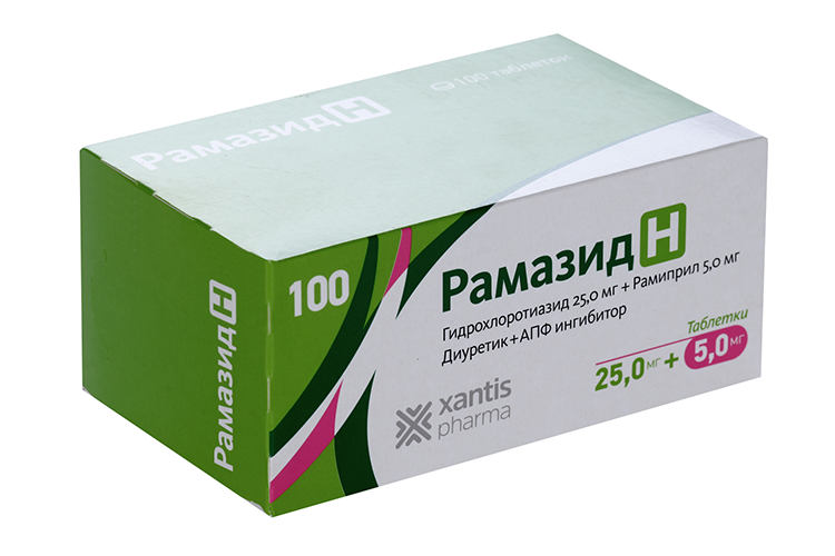 

Рамазид H 25 мг+5 мг, 100 шт, таблетки