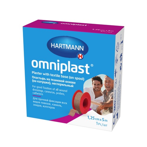 Пластырь Омнипласт 1,25 х500см текстильн.цв.кожи с держателем