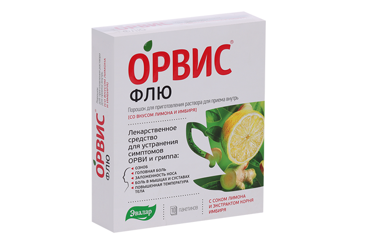

Орвис Флю, 4,95 г, 10 шт, порошок для приготовления раствора для приема внутрь лимонно-имбирный