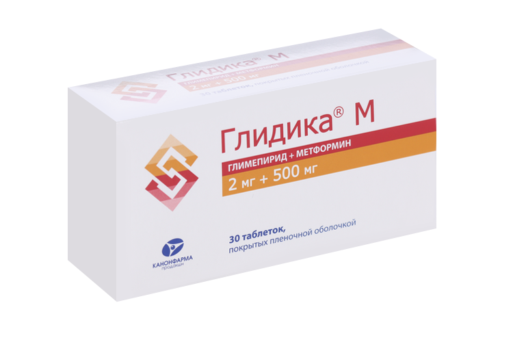 

Глидика М 2 мг+500 мг, 30 шт, таблетки покрытые пленочной оболочкой