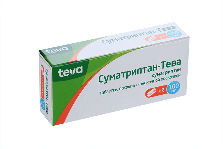 

Суматриптан-Тева 100 мг, 2 шт, таблетки покрытые пленочной оболочкой