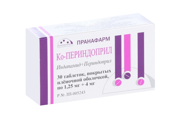 Ко-Периндоприл 1.25 мг+4 мг, 30 шт, таблетки покрытые пленочной оболочкой