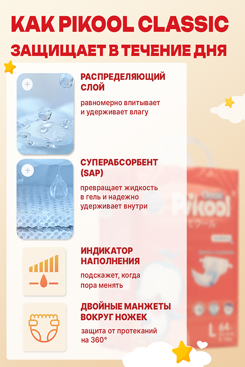Подгузники детские Пикул Классик L (9-14кг), 64 шт