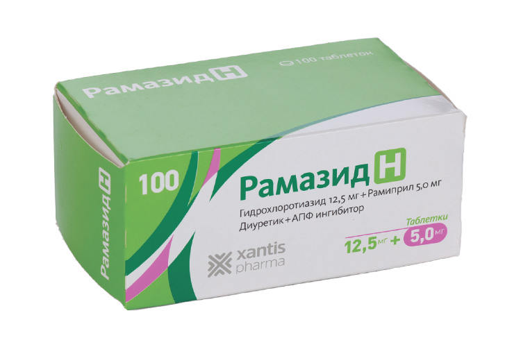 

Рамазид H 12.5 мг+5 мг, 100 шт, таблетки