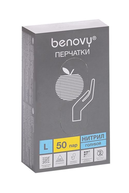 

Перчатки BENOVY однораз нитрил L, 50 шт, пара голубые