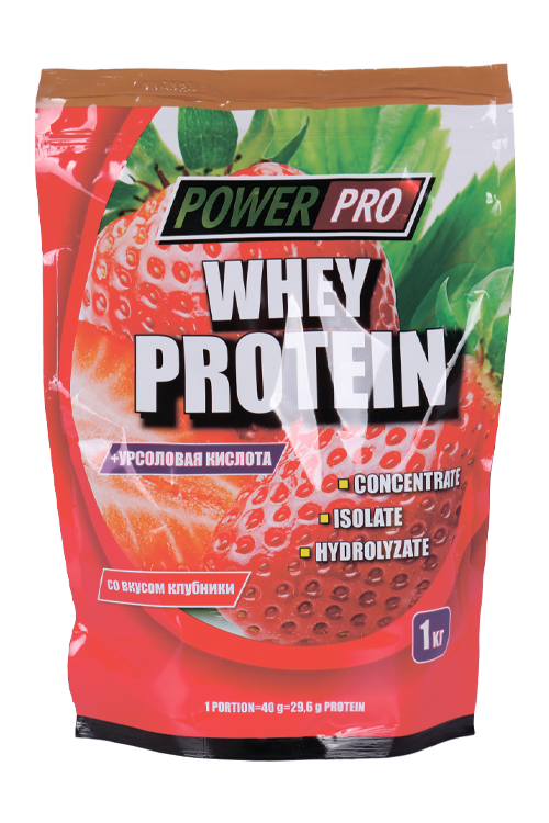 Протеин POWER PRO сывороточный с изолятом Whey Protein со вкусом клубники, 1 кг