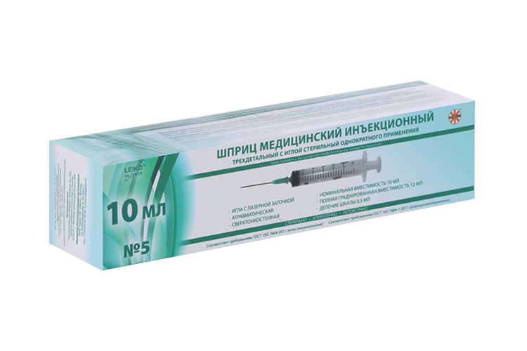 

Шприц Лейко Luer slip стер инъекц однораз 3-х комп с иглой 21G (0,8 х 38мм) 10(12) мл, 5 шт