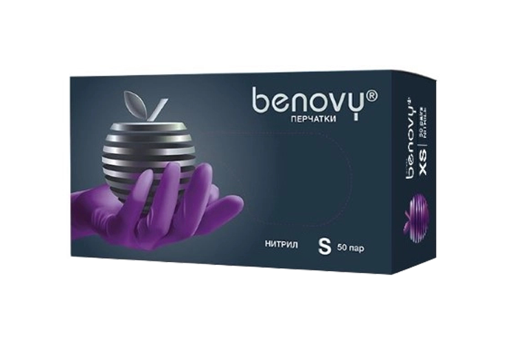 Перчатки Benovy смотр/нитрил/нестерил/неопуд/хлорир текстур на пальцах S, 50 шт, пара сиреневый