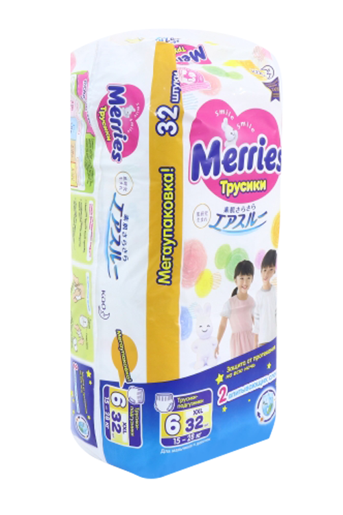 Трусики-подгузники MERRIES д/детей р XXL (15-28 кг), 32 шт
