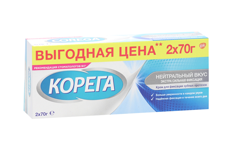 Крем Корега Экстра сильный д/зуб протезов, 140 г, 2е упаковки по 70г