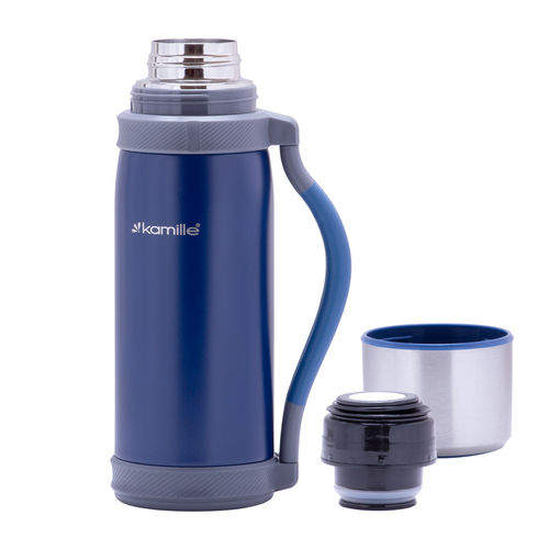 Термос Kamille из нерж стали с ручкой и ремешком 1 чашка синий 1,2 л