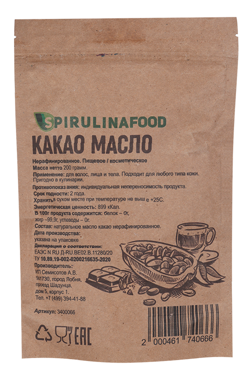

Какао масло Spirulinafood нерафинированное, 200 г