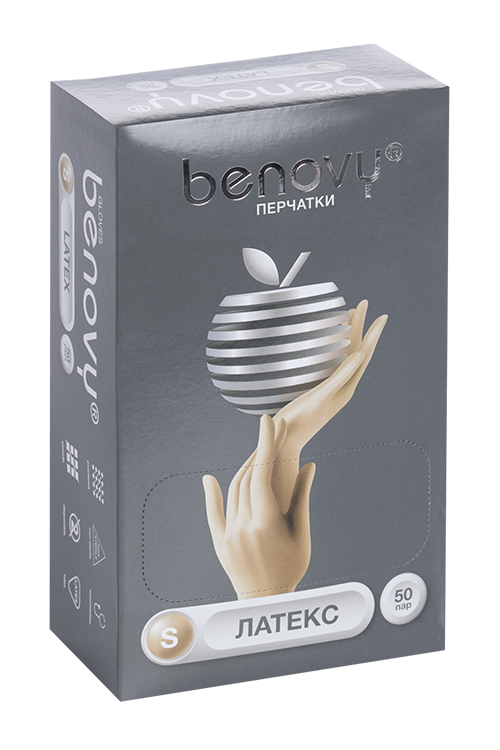 

Перчатки BENOVY смотр латекс н/стер опудр S, 50 шт, пара