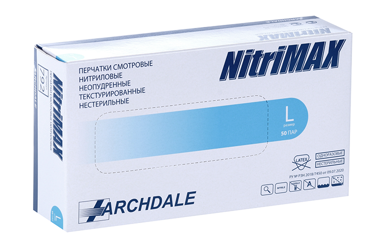 Перчатки ARCHDALE Nitrimax нестерил/нитрил/смотр/неопудр L, 50 шт, пара голубой