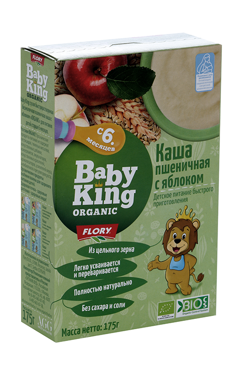 каша безмолочная детская baby king беби кинг рисовая organic bio органическая био с 4 мес 175 г Каша Baby King Organic пшеничная с яблоком безмолочная (с 6 мес), 175 г