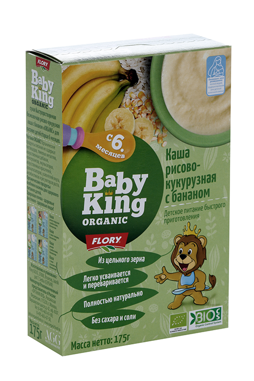 

Каша Baby King Organic рисово-кукурузная с бананом безмолочная (с 6 мес), 175 г