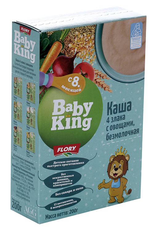 Каша Baby King 4 злака со смесью овощей безмолочная (с 8 мес), 200 г