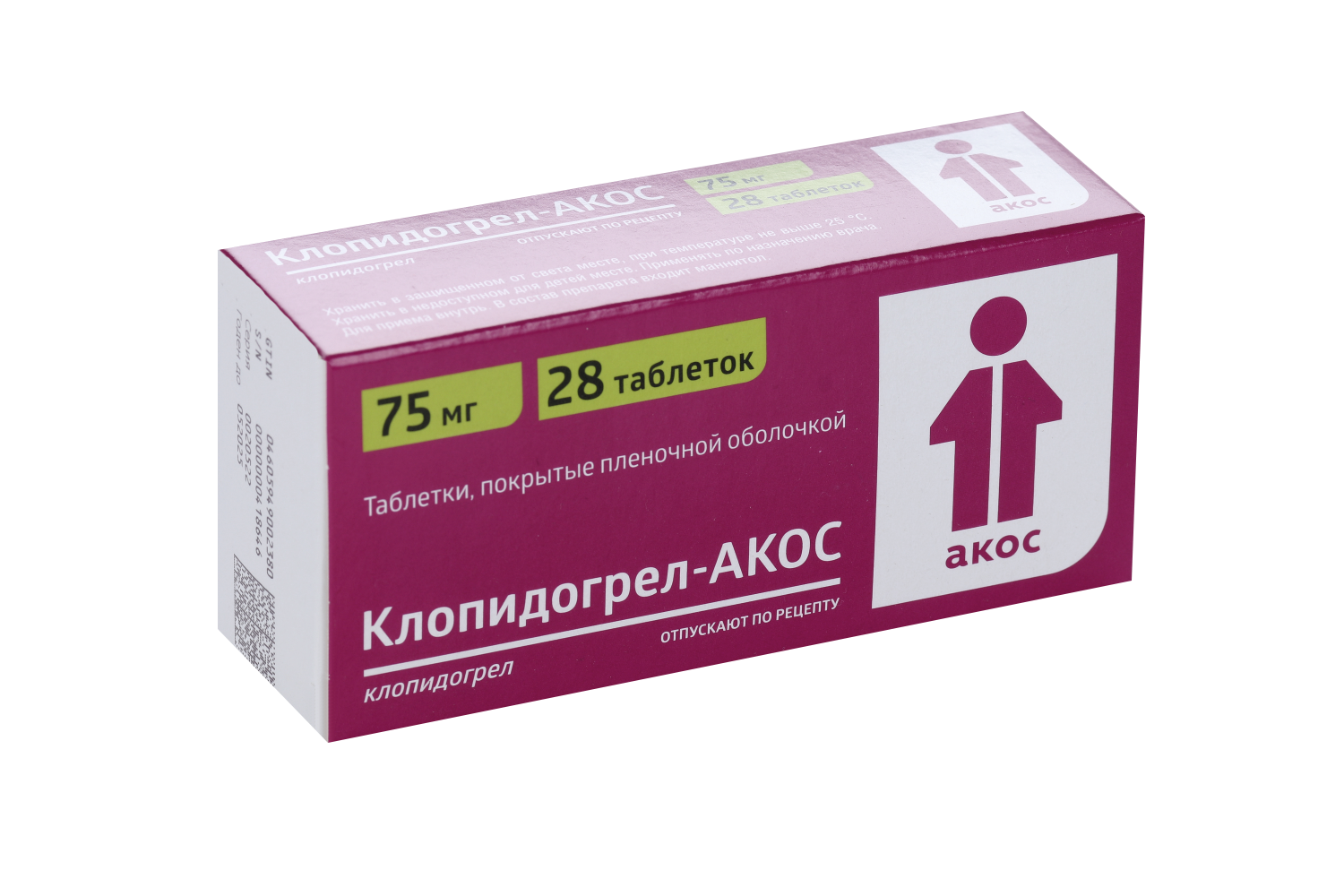 

Клопидогрел-АКОС 75 мг, 28 шт, таблетки покрытые пленочной оболочкой