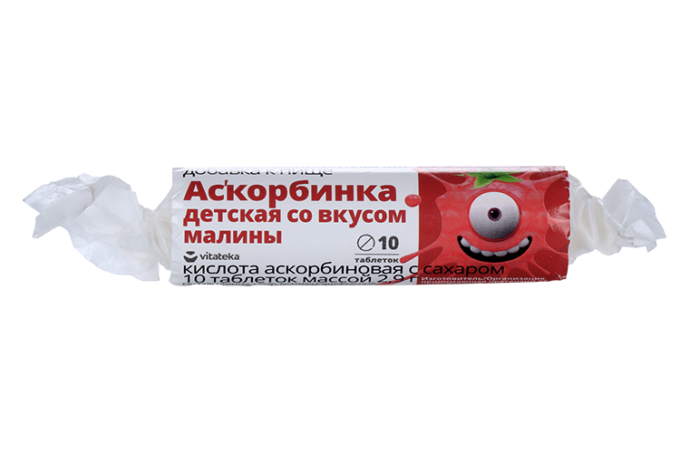 

Аскорбинка детская с глюкозой и сахаром, 2,9 г, 10 шт, таблетки жевательные малина