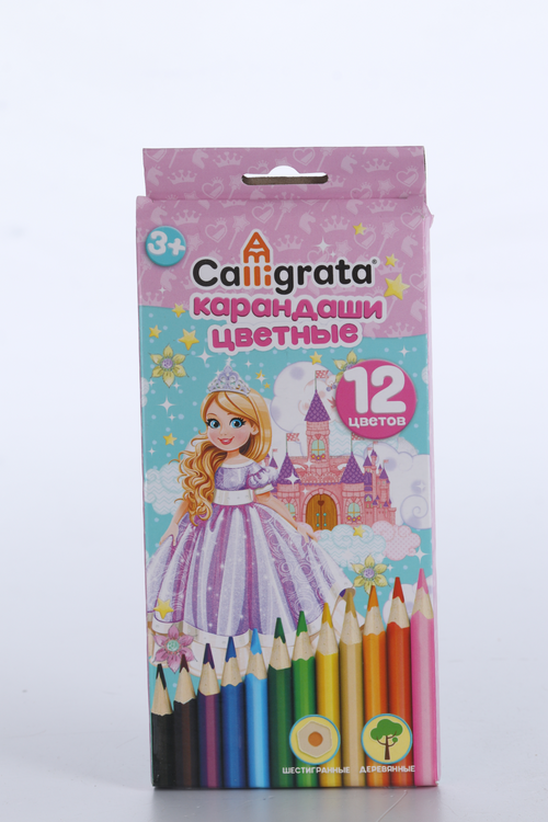 

Карандаши Calligrata цветные 12 цветов Принцесса, корпус деревянный, шестигранный