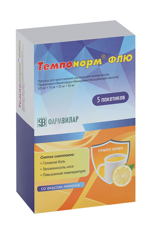 

Темпонорм Флю 325 мг+10 мг+20 мг+50 мг, 5 шт, порошок для приготовления раствора для приема внутрь лимон