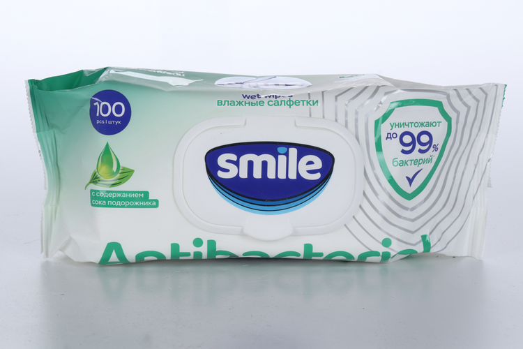 Салфетки влажн SMILE W Antibacterial с подорожником, 100 шт