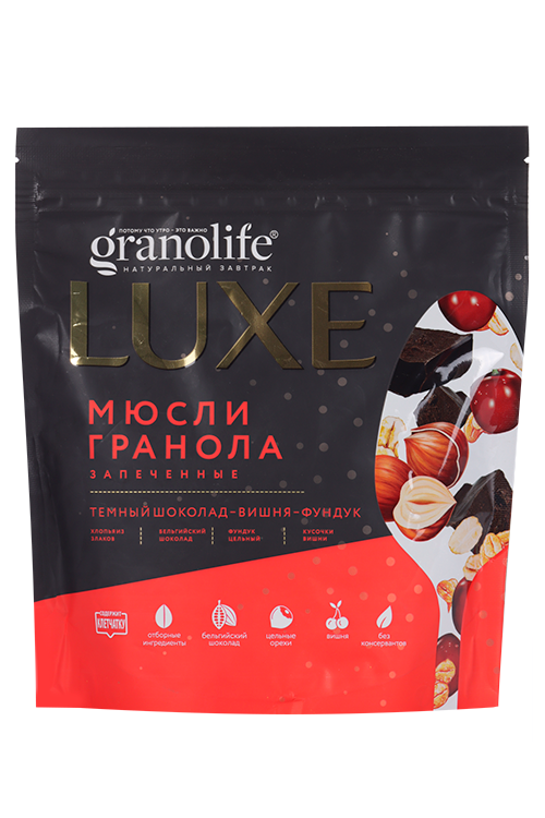 

Мюсли запеченные-Гранола Granolife Luxe темный шоколад/вишня/фундук, 300 г